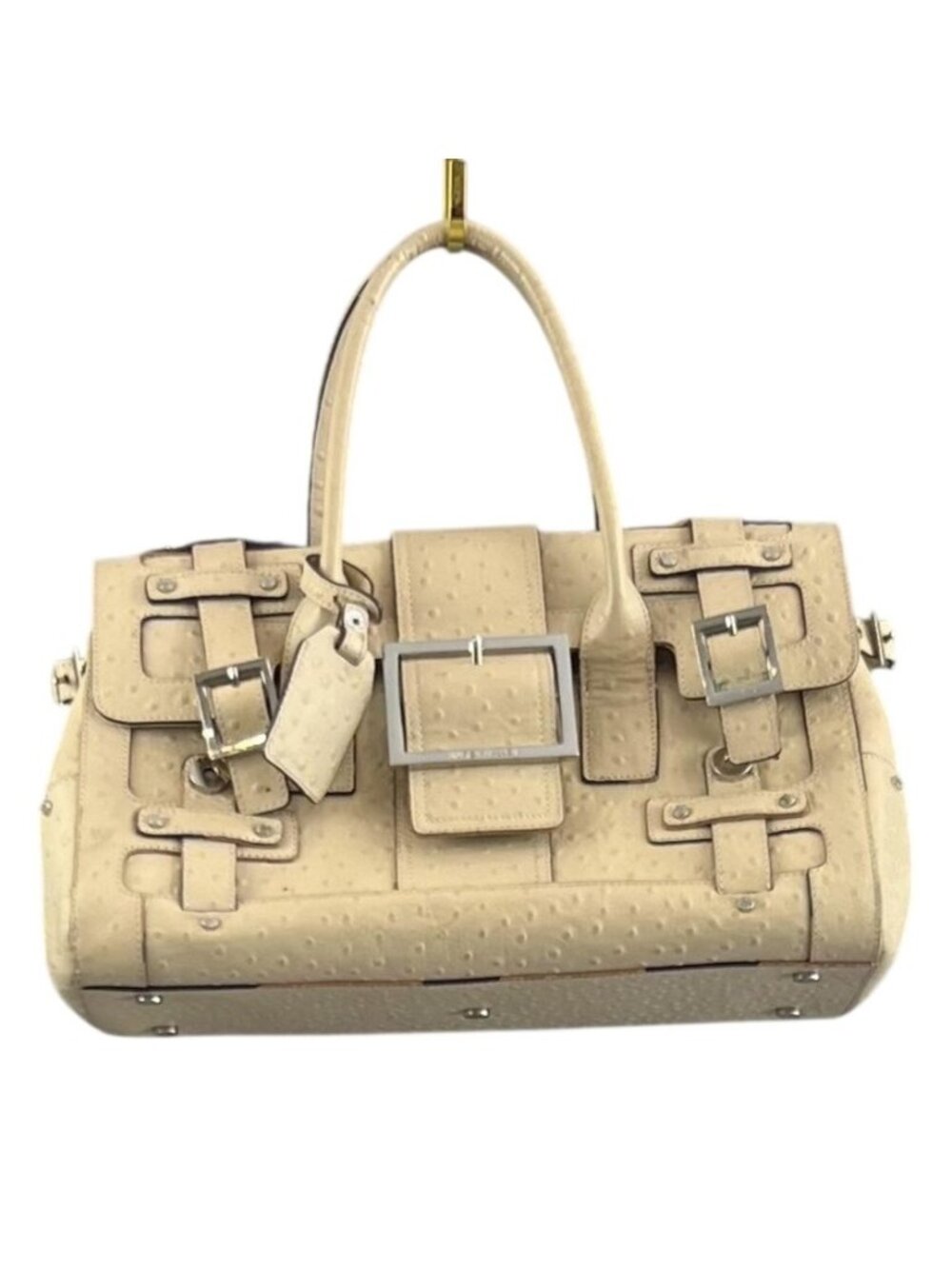 Karen Millen Ostrich Satchel Bag Womens Medium Beige Leather Buckle Purse